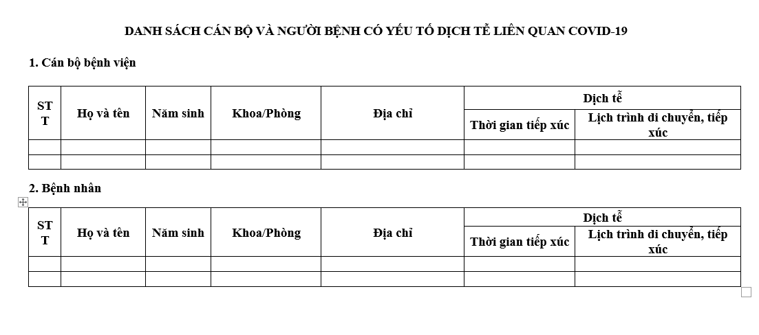 (Mẫu) TỜ KHAI DANH SÁCH CÁN BỘ VÀ NGƯỜI BỆNH CÓ YẾU TỐ DỊCH TỄ
